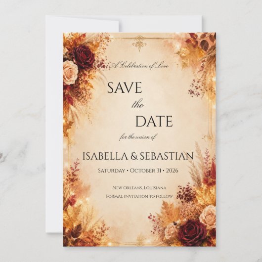Elegante herfst| Rustige Boho-herfsttrouw Save The Date (Voorkant)