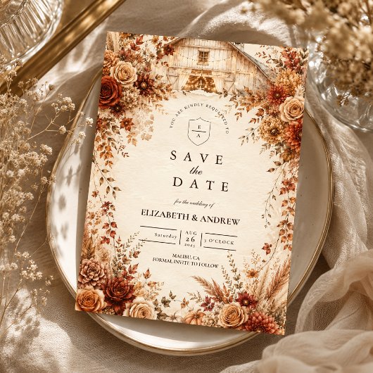 Elegante herfst schuur bruiloft save the date