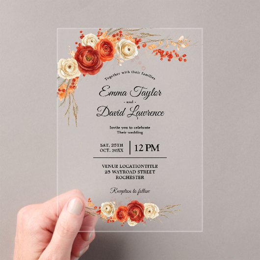 Elegante herfst sinaasappel terracotta bloemenbrui acryl uitnodigingen (Insitu (Draagbaar))