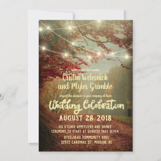 Elegante Herfst Trees Rustic String Lights Wedding Kaart (Voorkant)
