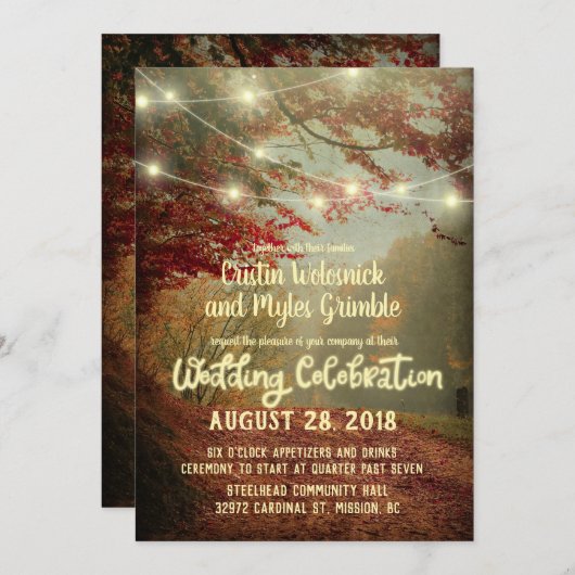 Elegante Herfst Trees Rustic String Lights Wedding Kaart (Voorkant / Achterkant)