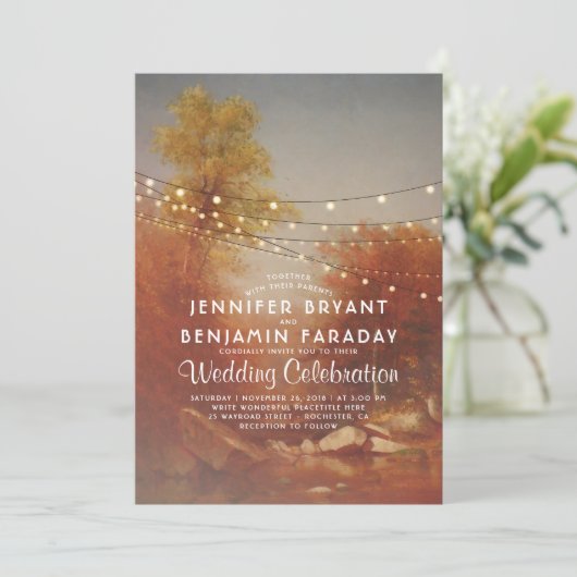 Elegante Herfst Trees Rustic String Lights Wedding Kaart (Staand voorkant)