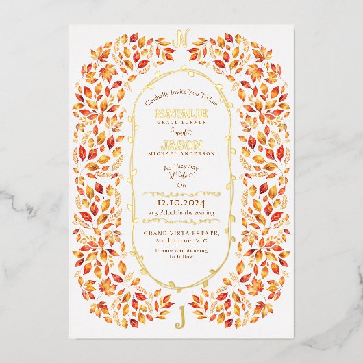 Elegante herfst verlaat rustieke Boho-bruiloft Folie Uitnodiging (Voorkant)