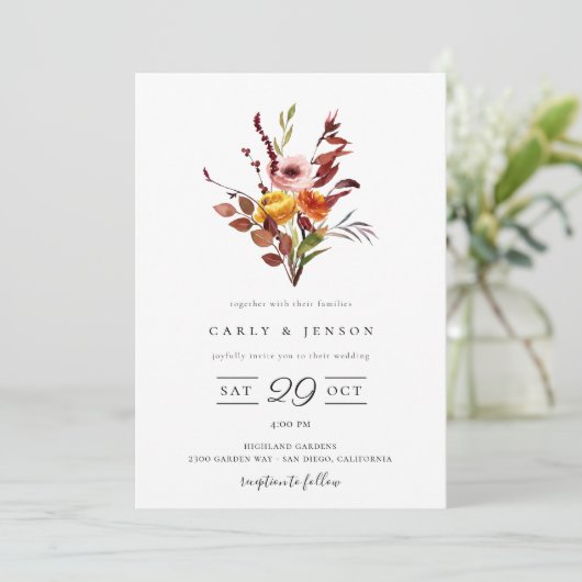 Elegante herfst watercolor boeket trouwuitnodiging kaart (Staand voorkant)