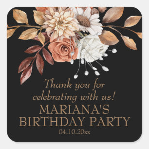 Elegante Herfst Waterverf Bloem Zwarte Feest Favor Vierkante Sticker