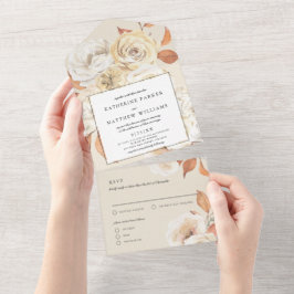 Elegante Herfst Waterverf Bloemen + Ecru Huwelijk All In One Uitnodiging