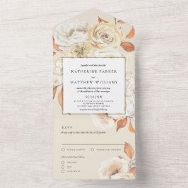 Elegante Herfst Waterverf Bloemen + Ecru Huwelijk All In One Uitnodiging