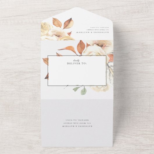 Elegante Herfst Waterverf Bloemen + Witte Huwelijk All In One Uitnodiging (Buitenkant)