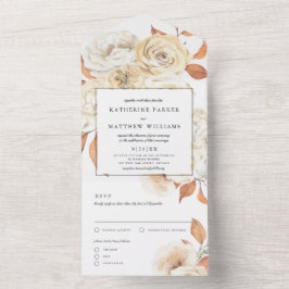 Elegante Herfst Waterverf Bloemen + Witte Huwelijk All In One Uitnodiging