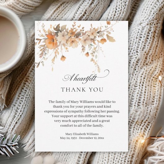 Elegante Herfst Waterverf Bloemenbegrafenis Dank u Bedankkaart