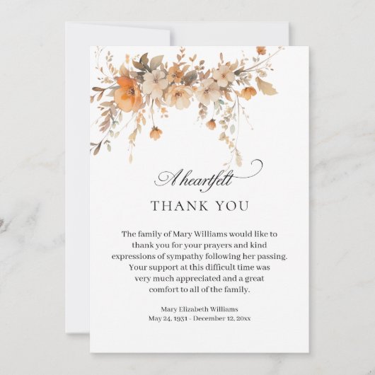 Elegante Herfst Waterverf Bloemenbegrafenis Dank u Bedankkaart (Voorkant)