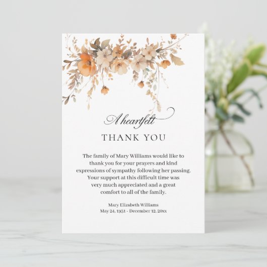 Elegante Herfst Waterverf Bloemenbegrafenis Dank u Bedankkaart (Staand voorkant)