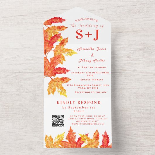 Elegante Herfst Waterverf Sinaasappel bladeren bru All In One Uitnodiging (Binnen)