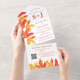 Elegante Herfst Waterverf Sinaasappel bladeren bru All In One Uitnodiging