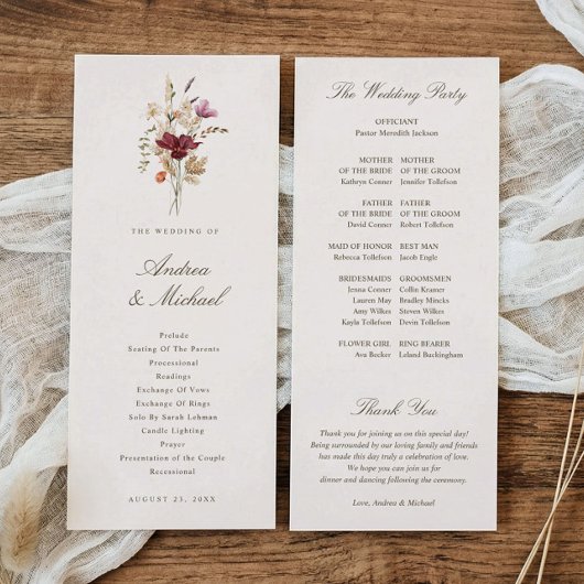 Elegante herfst waterverf wilde bloemen bruiloft programmakaart