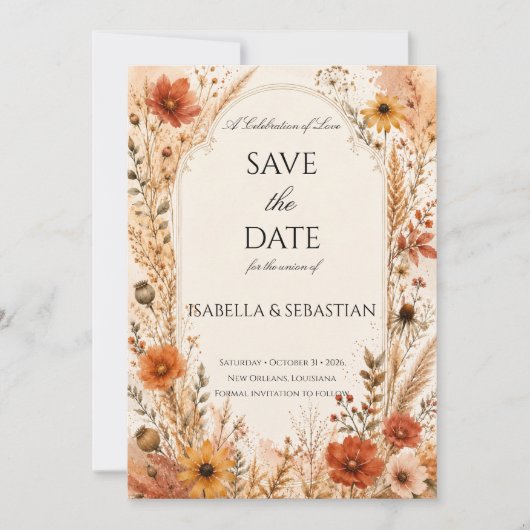 Elegante herfst-wildbloem save the date (Voorkant)