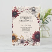 Elegante Herfst Wildbloemen Bourgondische bruiloft Kaart (Staand voorkant)