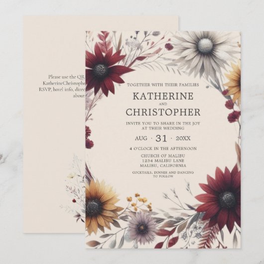 Elegante Herfst Wildbloemen Bourgondische bruiloft Kaart (Voorkant / Achterkant)