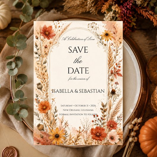 Elegante herfst wilde bloemen bruiloft save the date