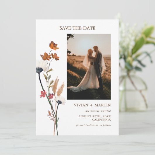 Elegante herfst wilde bloemen foto save the date (Staand voorkant)