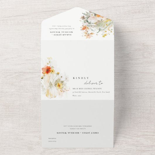 Elegante Herfst Wildflower Pompoen Waterverf bruil All In One Uitnodiging (Buitenkant)