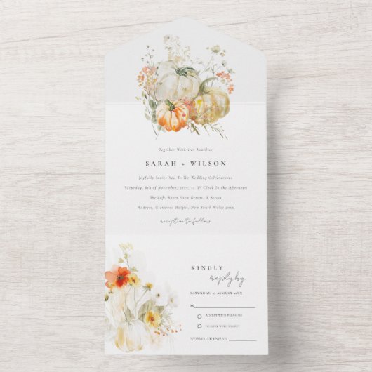 Elegante Herfst Wildflower Pompoen Waterverf bruil All In One Uitnodiging (Binnen)