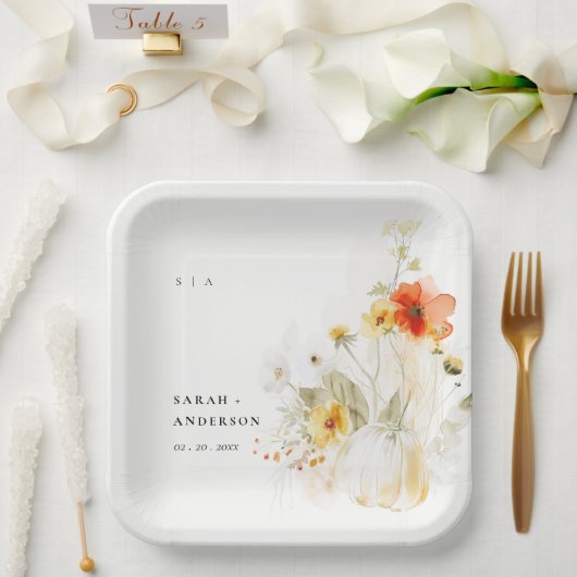 Elegante Herfst Wildflower Pompoen Waterverf bruil Papieren Bordje (Huwelijk)