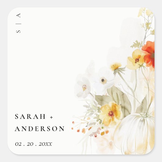 Elegante Herfst Wildflower Pompoen Waterverf bruil Vierkante Sticker (Voorkant)