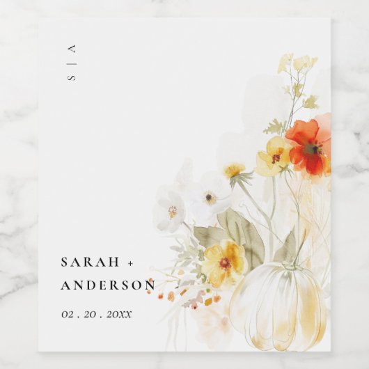 Elegante Herfst Wildflower Pompoen Waterverf bruil Wijn Etiket (Enkel label)