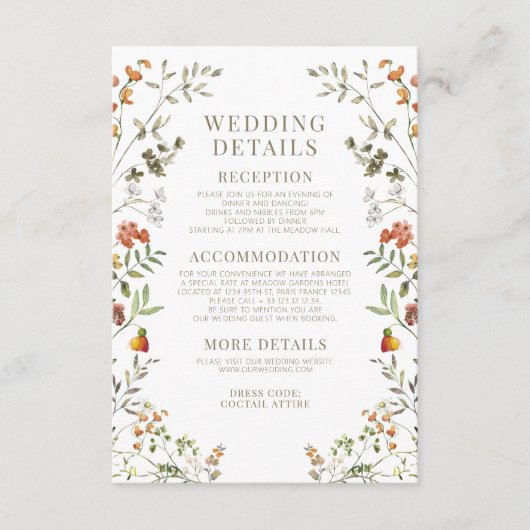 Elegante Herfst Wildflower Wedding Details Kaarten (Voorkant)