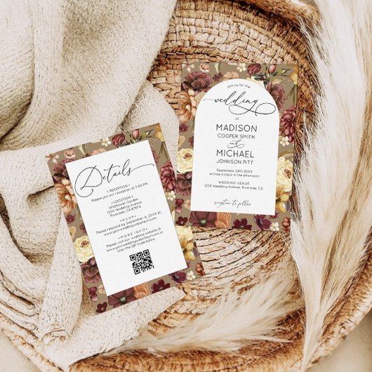Elegante Herfst Wildflowers Floral QR Code Wedding Kaart