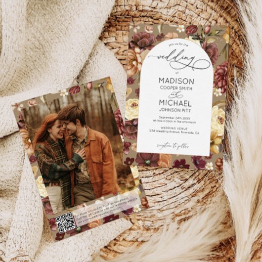 Elegante Herfst Wildflowers QR Code Fotobruiloft Kaart