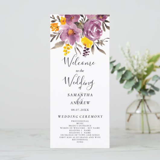 Elegante herfst winter paarse bloemenbruiloft prog programmakaart (Staand voorkant)