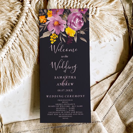 Elegante herfst winter paarse bloemenbruiloft prog programmakaart