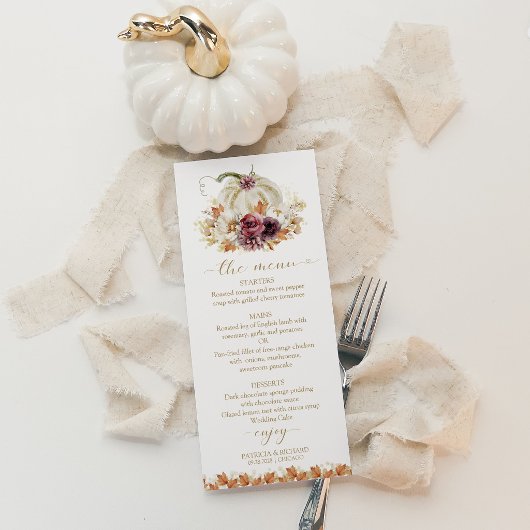 Elegante Herfst Witte Pompoen Bloemige Trouwmenu Menu