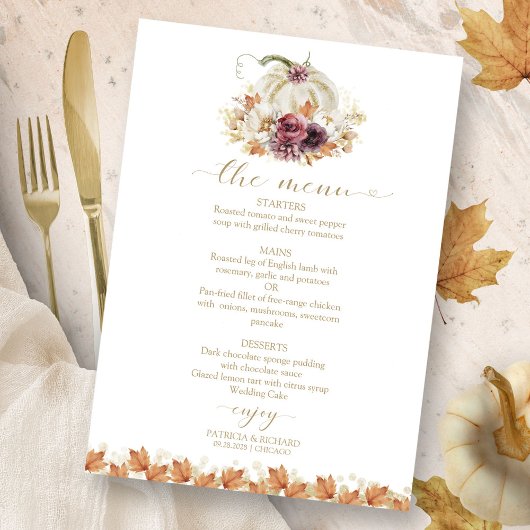 Elegante Herfst Witte Pompoen Trouwmenu Kaart