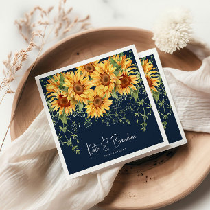 Elegante herfst zonnebloem bloemen & marineblauwe servet