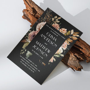 Elegante herfst zwart bloemenbruiloft repetitie di kaart