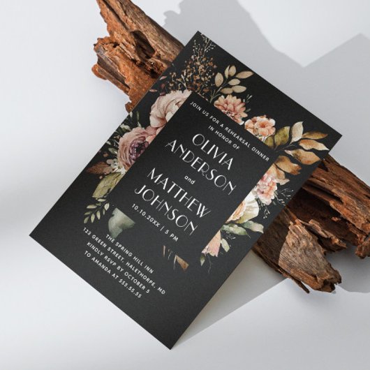 Elegante herfst zwart bloemenbruiloft repetitie di kaart