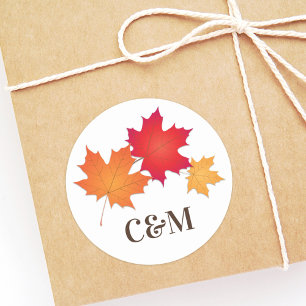 Elegante Herfstbladeren Bruiloft Monogram Ronde Sticker