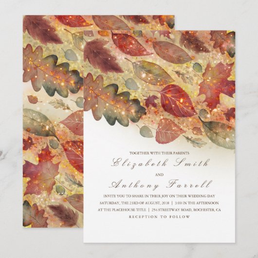 Elegante herfstbladeren en glitter bruiloft kaart (Voorkant / Achterkant)