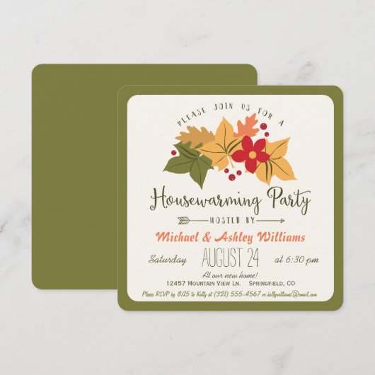 Elegante herfstbladeren, Floral housewarming party Kaart (Voorkant / Achterkant)