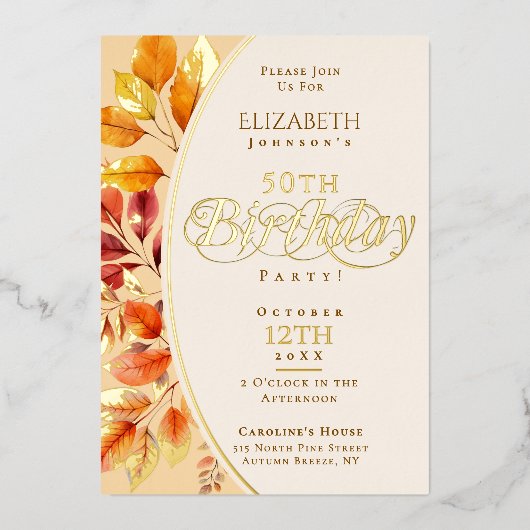 Elegante herfstbladeren Herfst 50ste verjaardag Folie Uitnodiging (Voorkant)