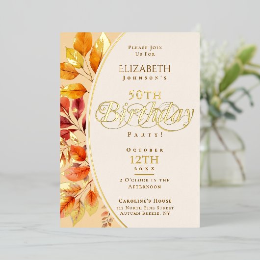 Elegante herfstbladeren Herfst 50ste verjaardag Folie Uitnodiging (Staand Voorkant)