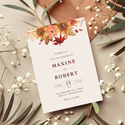 Elegante Herfstbladeren Herfst Bruiloft Kaart