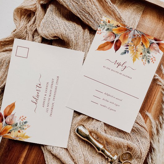 Elegante Herfstbladeren Herfst Bruiloft RSVP Briefkaart
