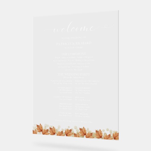 Elegante herfstbladeren herfsthuwelijksprogramma acryl bord (Hoek)