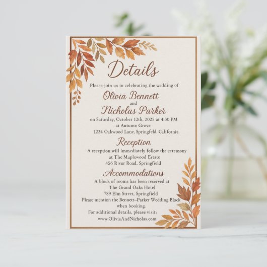 Elegante herfstbladeren & koperen script rustieke  informatiekaartje (Staand voorkant)