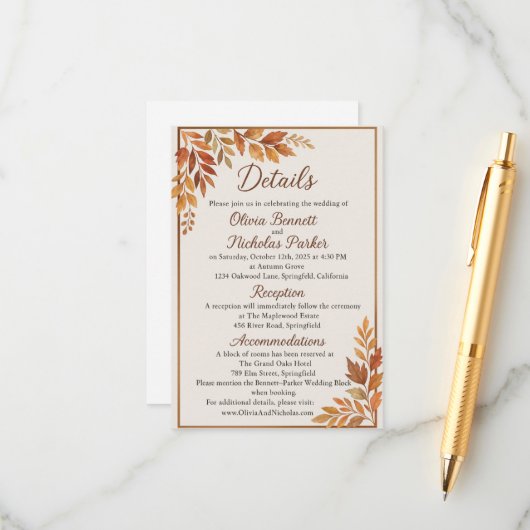 Elegante herfstbladeren & koperen script rustieke  informatiekaartje (Voorkant / Achterkant in situ)