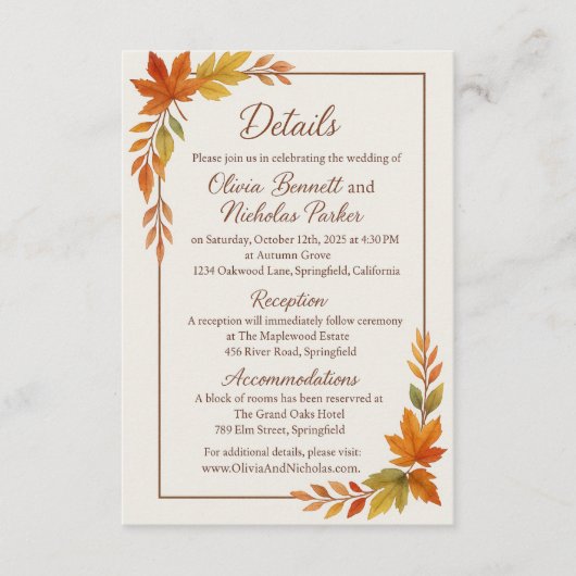 Elegante herfstbladeren & koperen script rustieke  informatiekaartje (Voorkant)